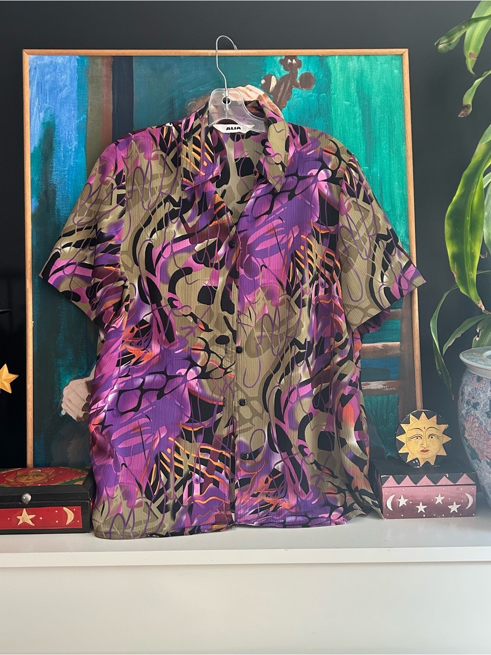 Alia Purple Olive Abstract Floral Button Up Short Sleeve Blouse L